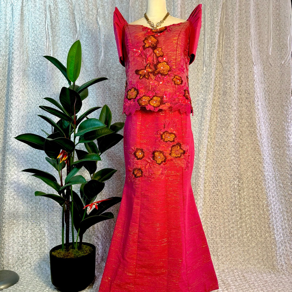 Fuschia Pink Inabel Serpentine Terno Gown W/ Embroidery Appliqus & Rhinestones